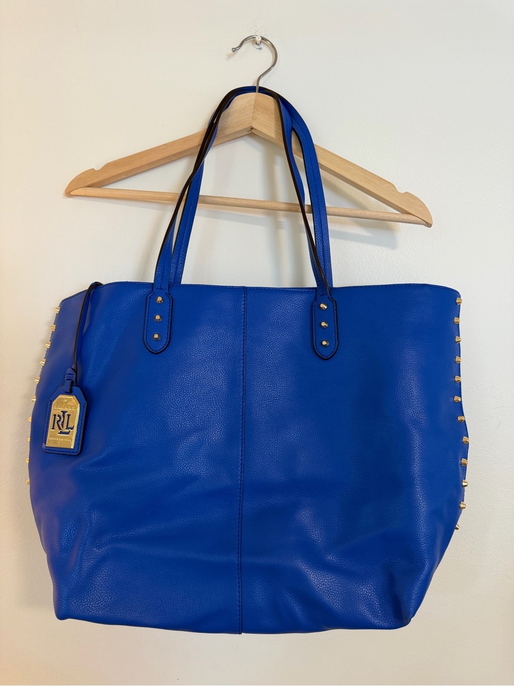 Lauren Ralph Lauren Cobalt Blue Leather Studded Oversized Tote Bag